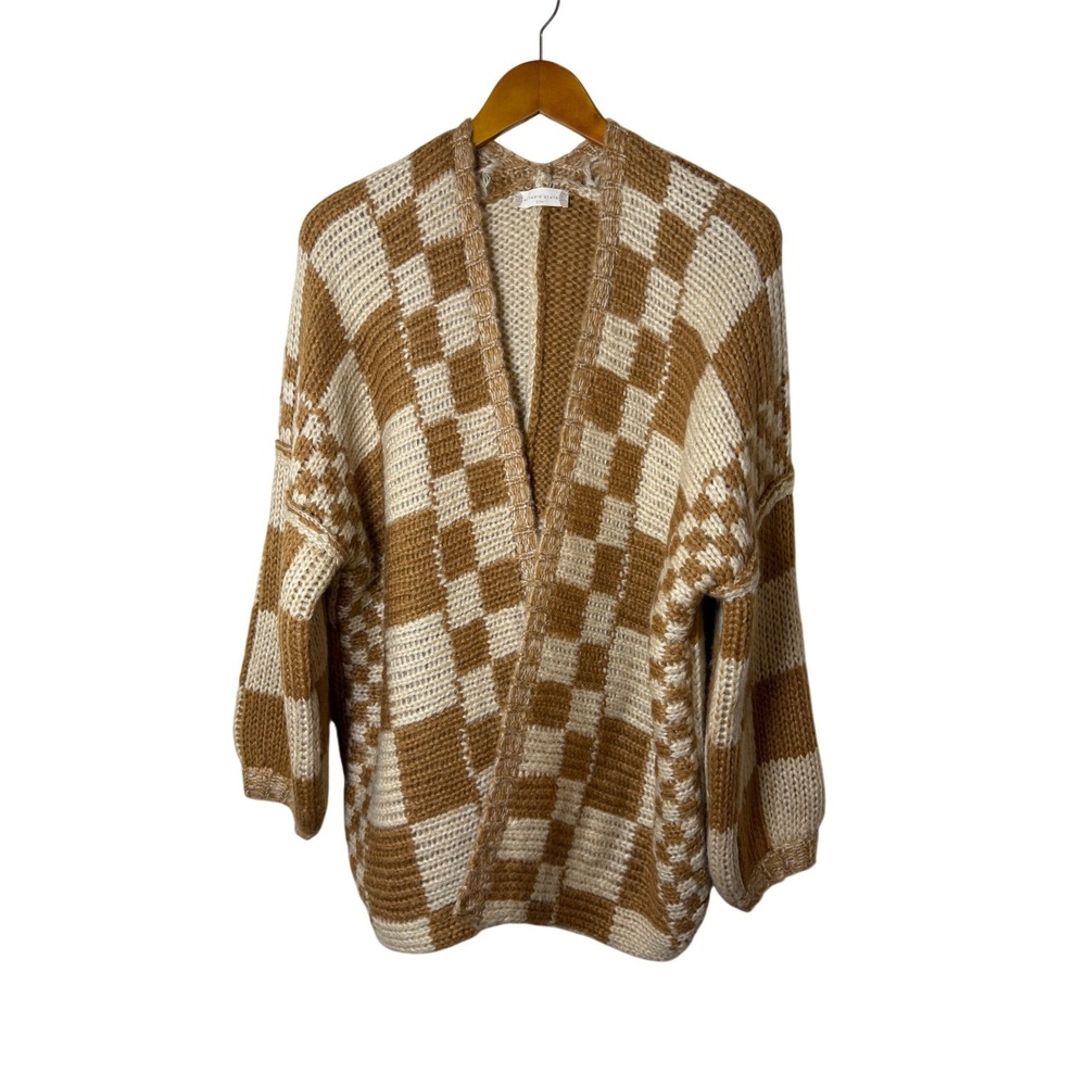 Altar'd State Women Cardigan S/M Brown Cream Checkerboard Chunky Boho Cozy Loung